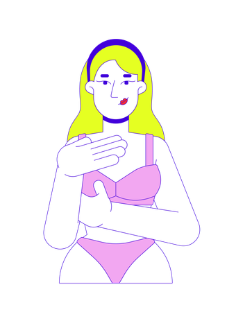 Caucasian white woman in bikini examining herself  Illustration