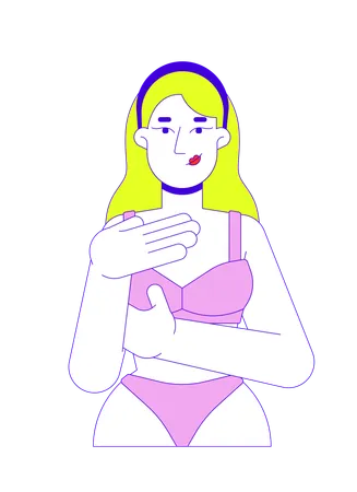 Caucasian white woman in bikini examining herself  Illustration