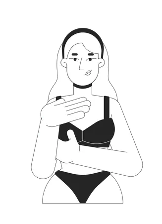 Caucasian white woman in bikini examining herself  Illustration