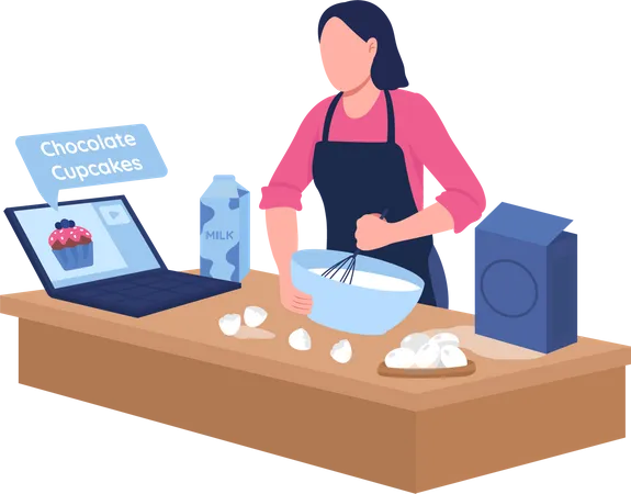 Caucasian woman baking with online tutorial  Illustration