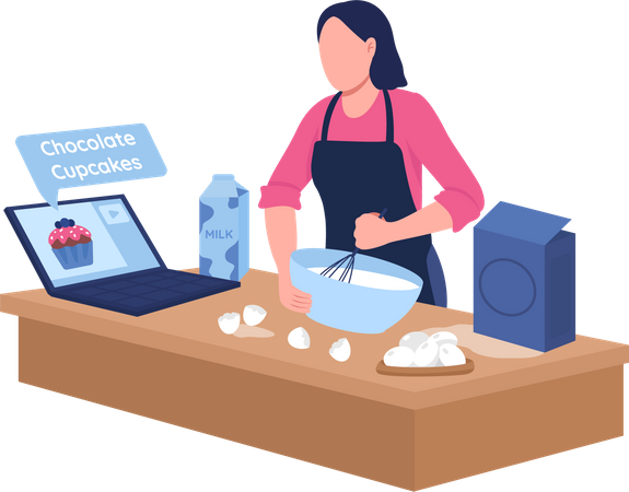 Caucasian woman baking with online tutorial  Illustration