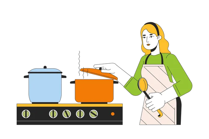Caucasian Woman Putting Lid On Pot 2 D Linear Cartoon Character Boiling Water Blonde Female Isolated Line Vector Person White Background Cooking Dinner At Kitchen Color Flat Spot Illustration Illustration