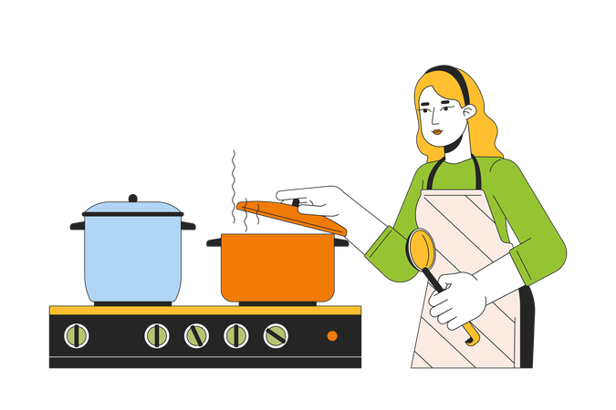 Caucasian woman putting lid on pot  Illustration