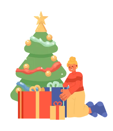 Caucasian woman wrapping gifts under Christmas tree  イラスト