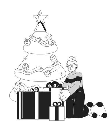 Caucasian woman wrapping gifts under Christmas tree  イラスト