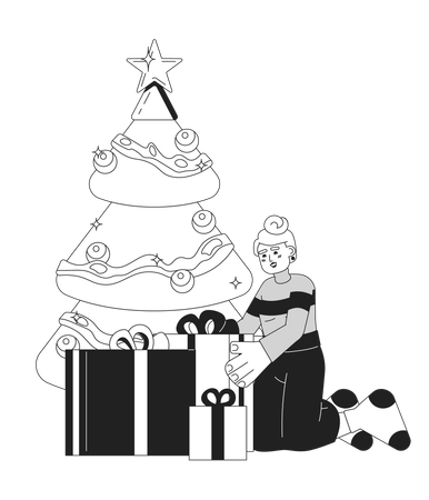 Caucasian woman wrapping gifts under Christmas tree  Illustration