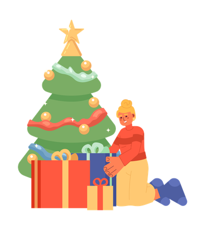 Caucasian woman wrapping gifts under Christmas tree  Illustration