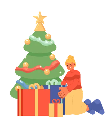 Caucasian woman wrapping gifts under Christmas tree  Illustration