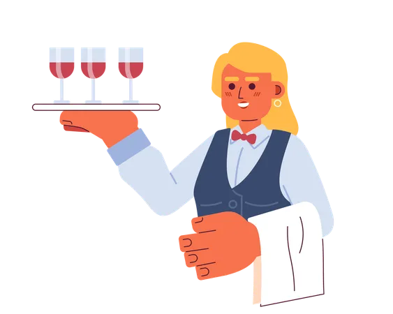 Caucasian Young Adult Woman Wine Server 2 D Cartoon Character European Waitress Serving Tray Isolated Vector Person White Background Hostess Friendly With Wine Glasses Color Flat Spot Illustration Illustration