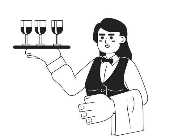 Caucasian Young Adult Woman Wine Server Black And White 2 D Cartoon Character European Waitress Tray Isolated Vector Outline Person Hostess With Wine Glasses Monochromatic Flat Spot Illustration Illustration