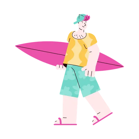 Caucasian young man surfer cartoon character standing with surfboard Illustration