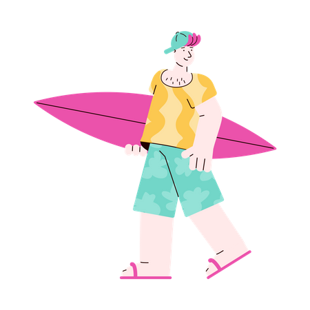 Caucasian young man surfer cartoon character standing with surfboard  Illustration