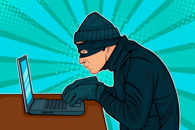 Ladrão hacker caucasiano invadindo um computador  Ilustração