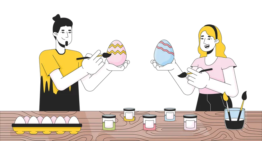 Casal caucasiano pintando ovos de Páscoa  Ilustração