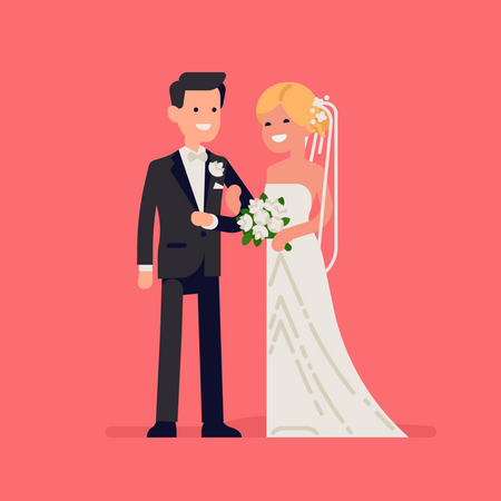 Recém-casados caucasianos juntos usando vestidos de noiva  Ilustração