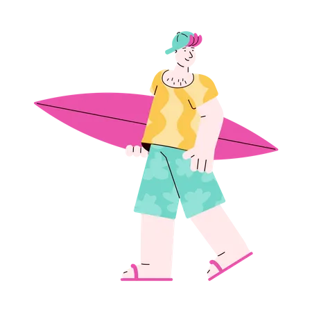 Personnage de dessin animé de surfeur de jeune homme caucasien debout avec planche de surf  Illustration