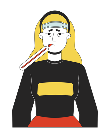 Femme malade de race blanche avec thermomètre dans la bouche  Illustration