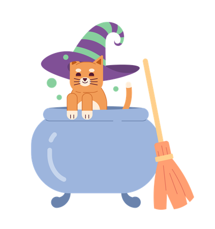 Cauldron cat with broom  Illustration
