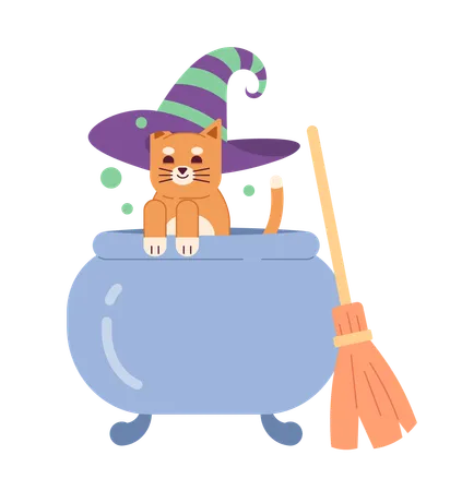 Cauldron Cat Flat Concept Vector Spot Illustration Animal In Halloween Costume 2 D Cartoon Character On White For Web UI Design Cute Kitten With Witch Hat Isolated Editable Creative Hero Image Illustration