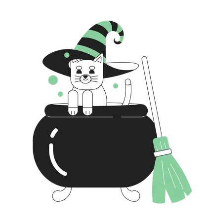 Cauldron Cat Monochrome Concept Vector Spot Illustration Animal In Halloween Costume 2 D Flat Bw Cartoon Character For Web UI Design Cute Kitten With Witch Hat Isolated Editable Hand Drawn Hero Image Illustration