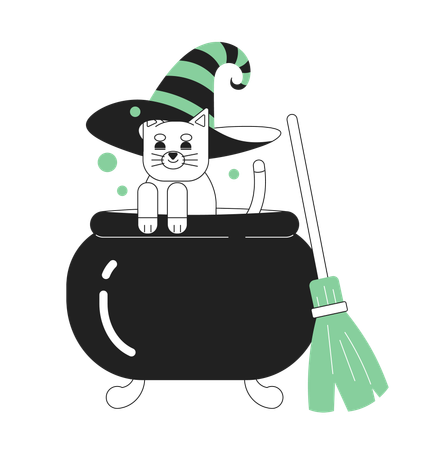 Cauldron cat with broom  Illustration