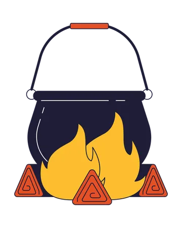 Cauldron On Fire Flat Line Color Isolated Vector Object Camping Editable Clip Art Image On White Background Simple Outline Cartoon Spot Illustration For Web Design Illustration