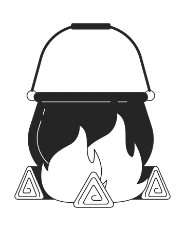 Cauldron On Fire Flat Monochrome Isolated Vector Object Camping Editable Black And White Line Art Drawing Simple Outline Spot Illustration For Web Graphic Design Illustration