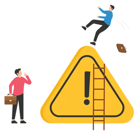 Cautious businessman slip falling on exclamation symbol beware  Illustration