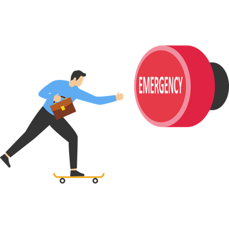 Cautious entrepreneur running in hurry to push red emergency button  Illustration