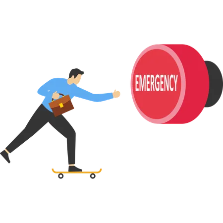 Cautious entrepreneur running in hurry to push red emergency button  Illustration