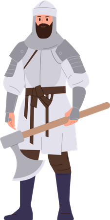 Cavaleiro medieval segurando machado de batalha em pé  Ilustração