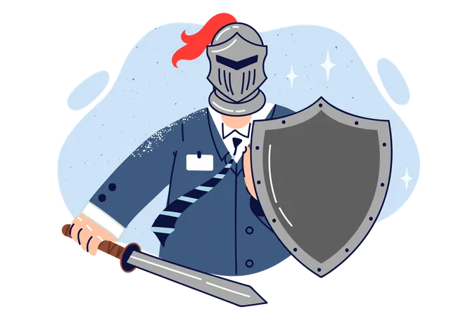 Cavaleiro em roupas de negócios e capacete segura escudo e espada  Ilustração