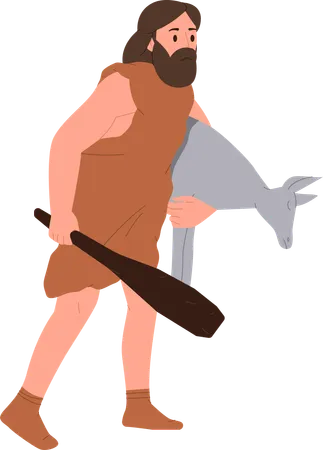 Caveman Cartoon Character Wearing Tribal Clothes Holding Wooden Baton Carrying Hunted Goat Animal For Dinner Isolated On White Background Primitive Neanderthal People Life In Prehistorical Age Illustration