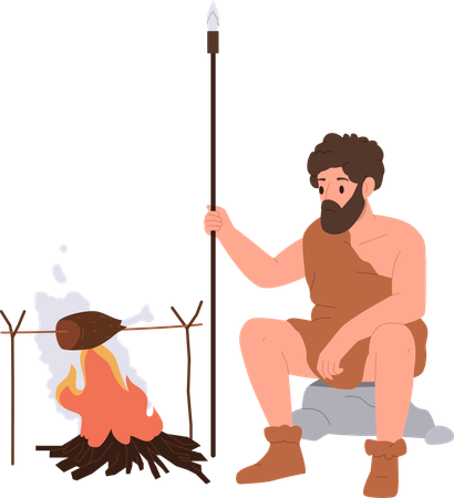 Caveman cooking meat for dinner on bonfire  イラスト