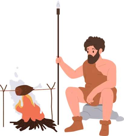 Caveman Flat Cartoon Character Dressed Primitive Clothing Holding Spear Weapon Cooking Meat For Dinner Sitting At Bonfire Isolated On White Background Stone Age Time And Prehistoric Tribal Human Life Illustration