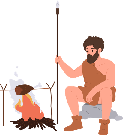 Caveman cooking meat for dinner on bonfire  Illustration