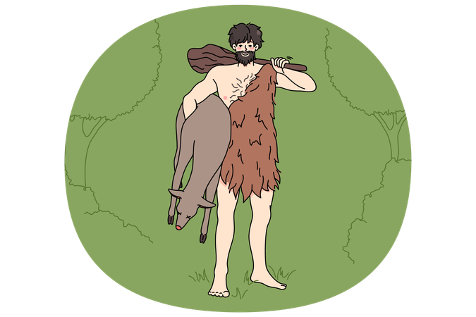 Caveman in tribe clothing hold prey  Illustration