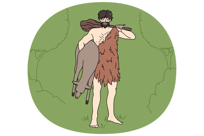 Caveman in tribe clothing hold prey  Illustration