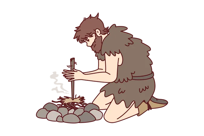 Caveman making fire using wooden stick Illustration