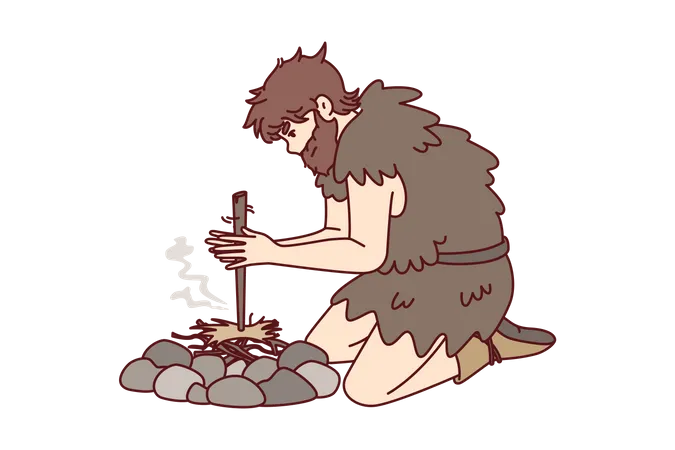 Caveman making fire using wooden stick  Illustration