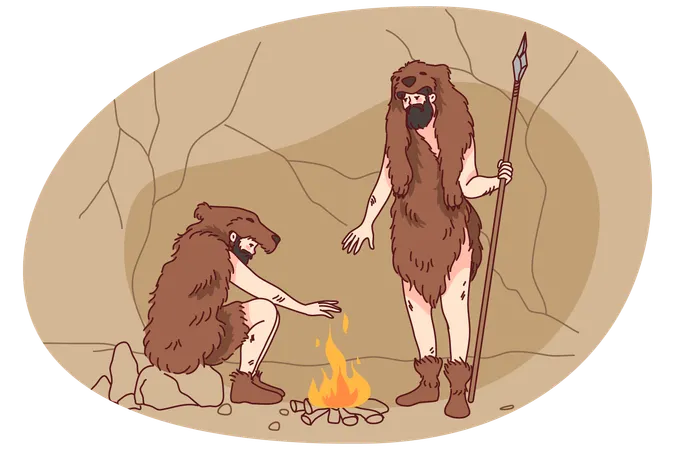 Cavemen setting fire in nature  Illustration