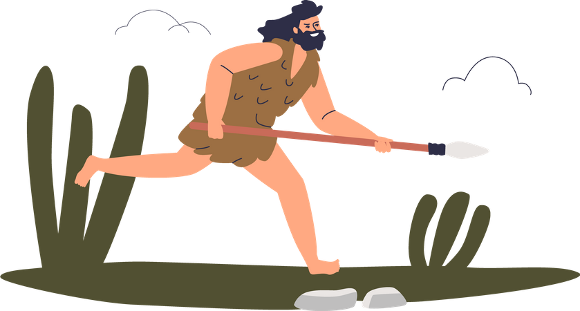 Cavemen with spear hunting Illustration