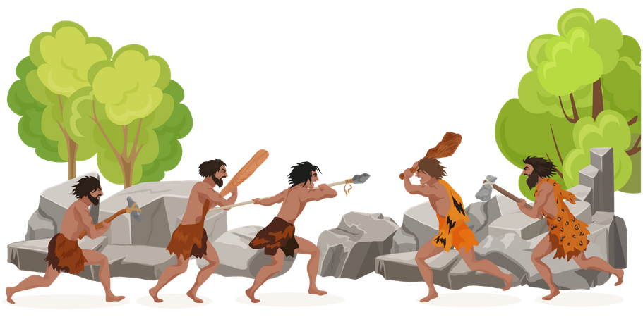 Cavemen with spear hunting  Illustration