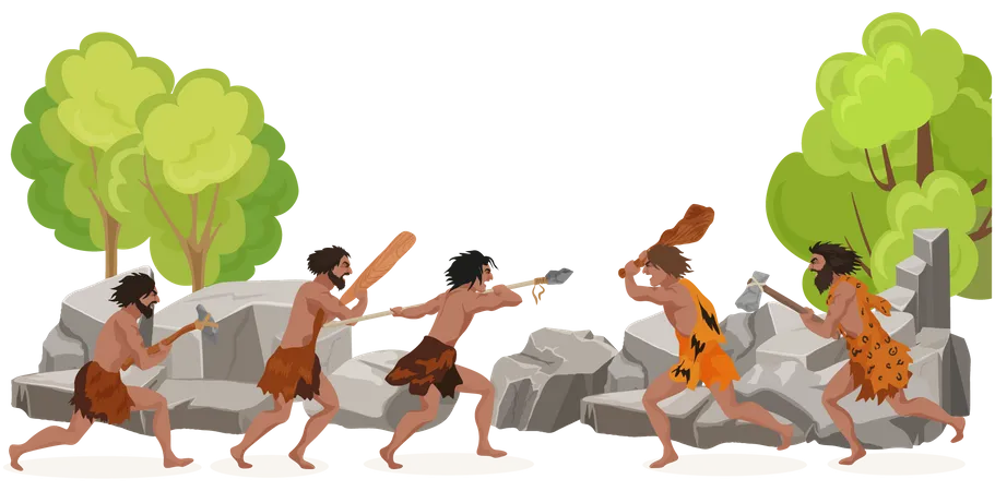 Cavemen with spear hunting  Illustration