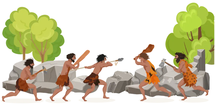 Cavemen with spear hunting  Illustration