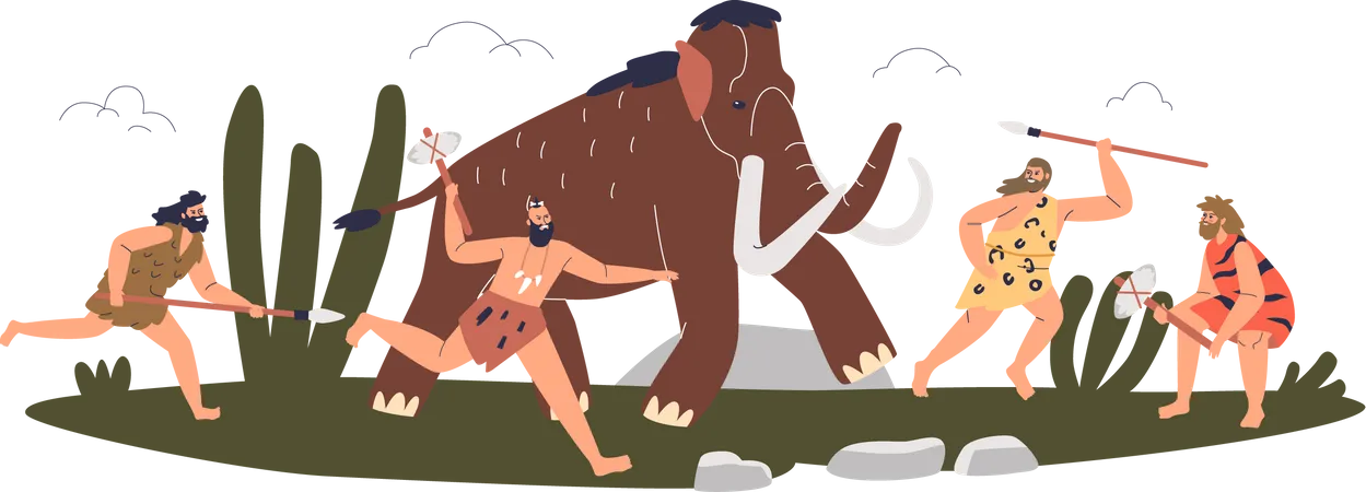 Cazadores de cavernícolas con lanzas y hachas cazando mamuts  Ilustración