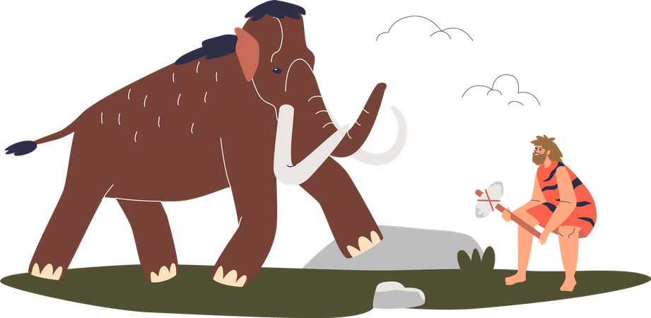 Cazador de cavernas peleando con mamut  Ilustración