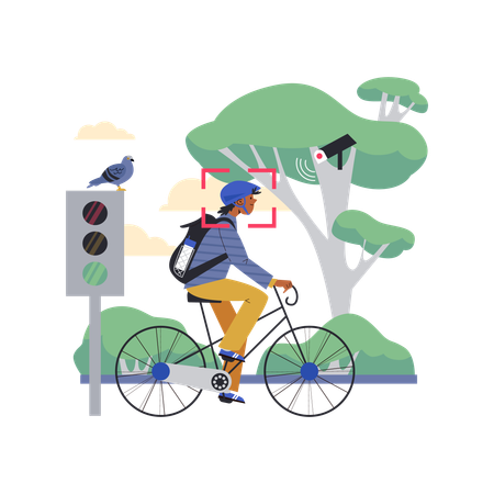 CCTV oder Videoüberwachung in der Öffentlichkeit Mann Fahrradfahren im Park  Illustration