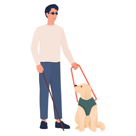 Homem cego andando com ajuda de cão-guia  Ilustração