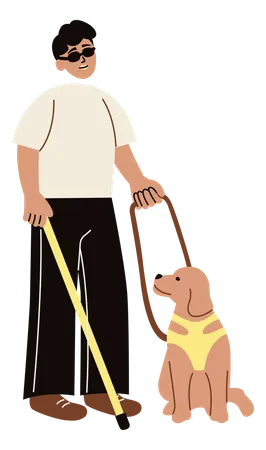 Homem cego andando com cachorro de estimação  Ilustração